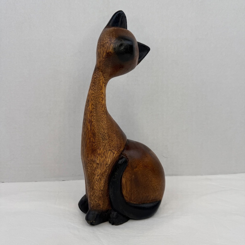 Vintage Hand Carved Wood Siamese Cat Figurine Mid Century Modern Statue 12.5in